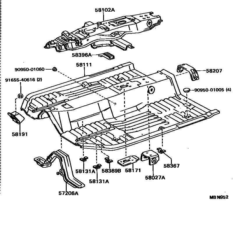 Toyota CAMRY 浅盘形地板和车身下背板 EPC diagram — MBN952