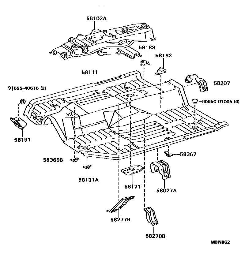 Toyota CAMRY 浅盘形地板和车身下背板 EPC diagram — MBN962