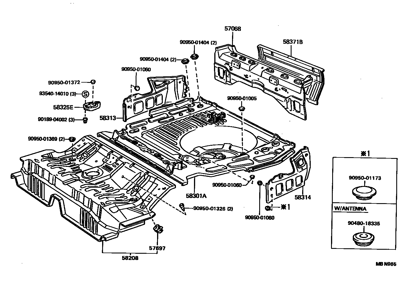 Toyota CAMRY 浅盘形地板和车身下背板 EPC diagram — MBN965