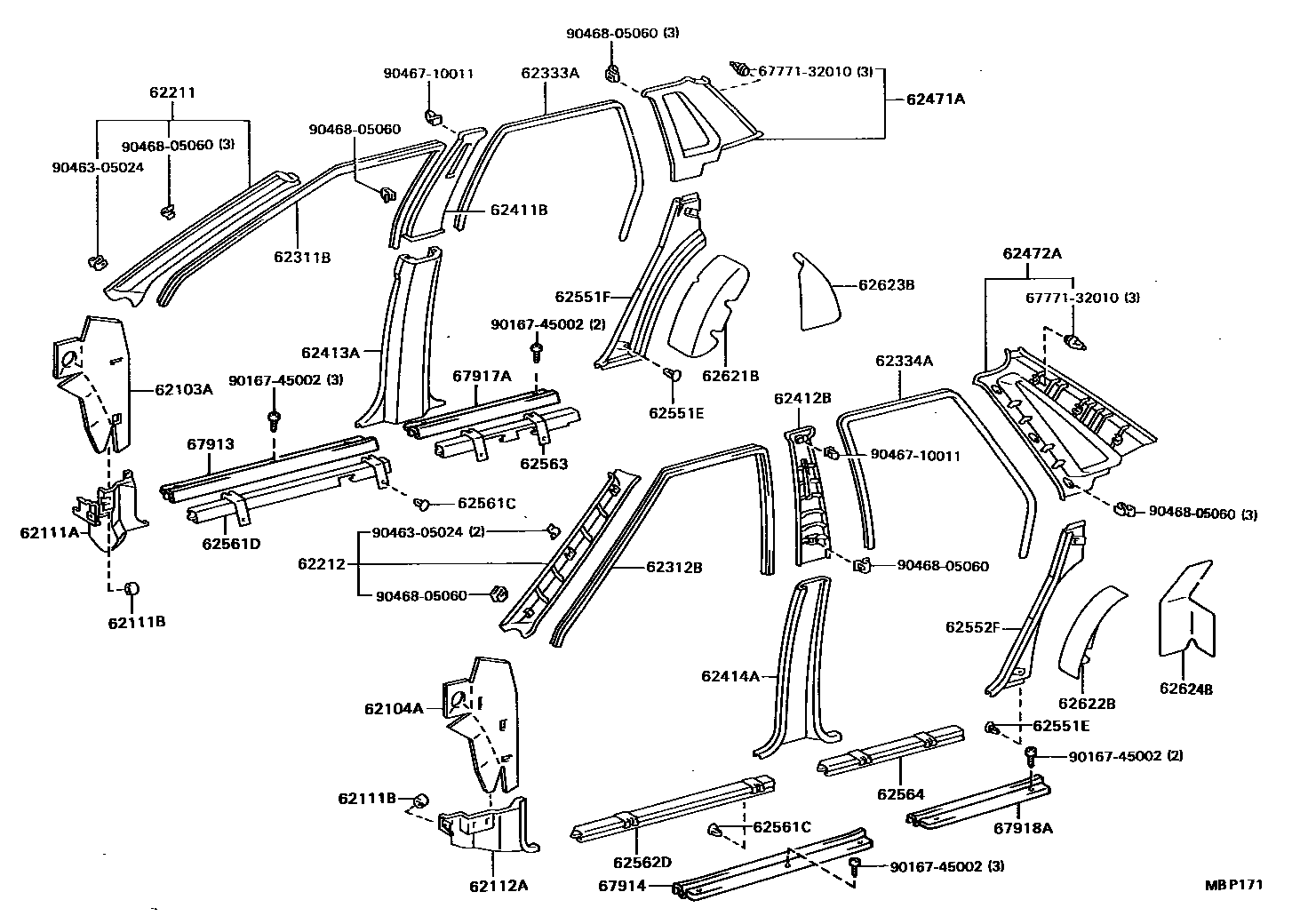 Toyota CAMRY 内饰板和车门防水胶条 EPC diagram — MBP171