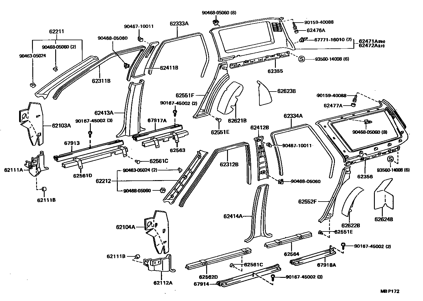 Toyota CAMRY 内饰板和车门防水胶条 EPC diagram — MBP172