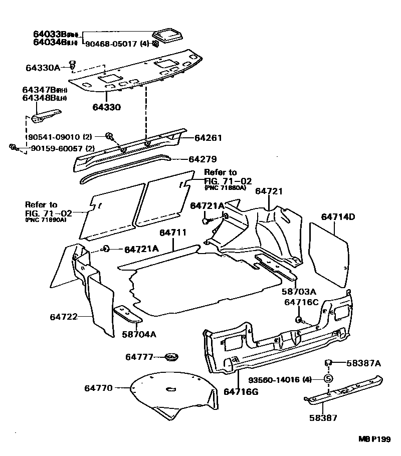 Toyota CAMRY 杂物箱板和行李箱垫 EPC diagram — MBP199