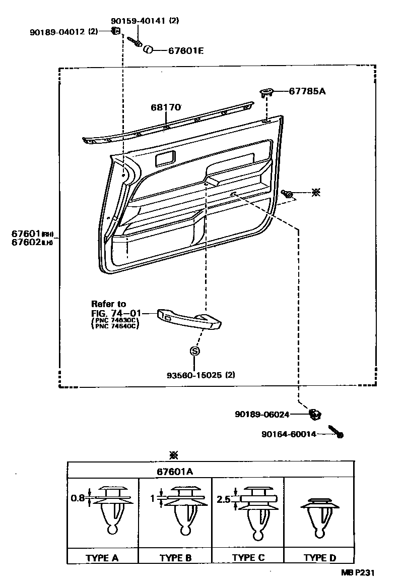 Toyota CAMRY 前门板和前门玻璃 EPC diagram — MBP231
