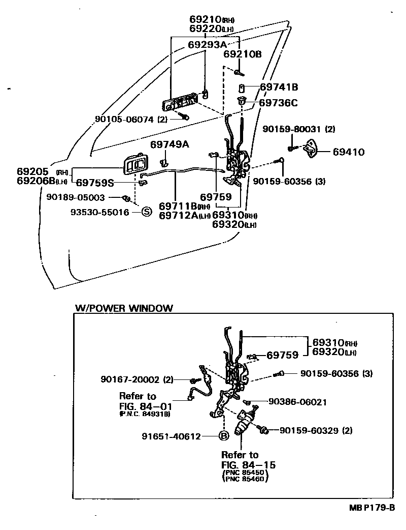 Toyota CAMRY 前门锁和车门把手 EPC diagram — MBP179B