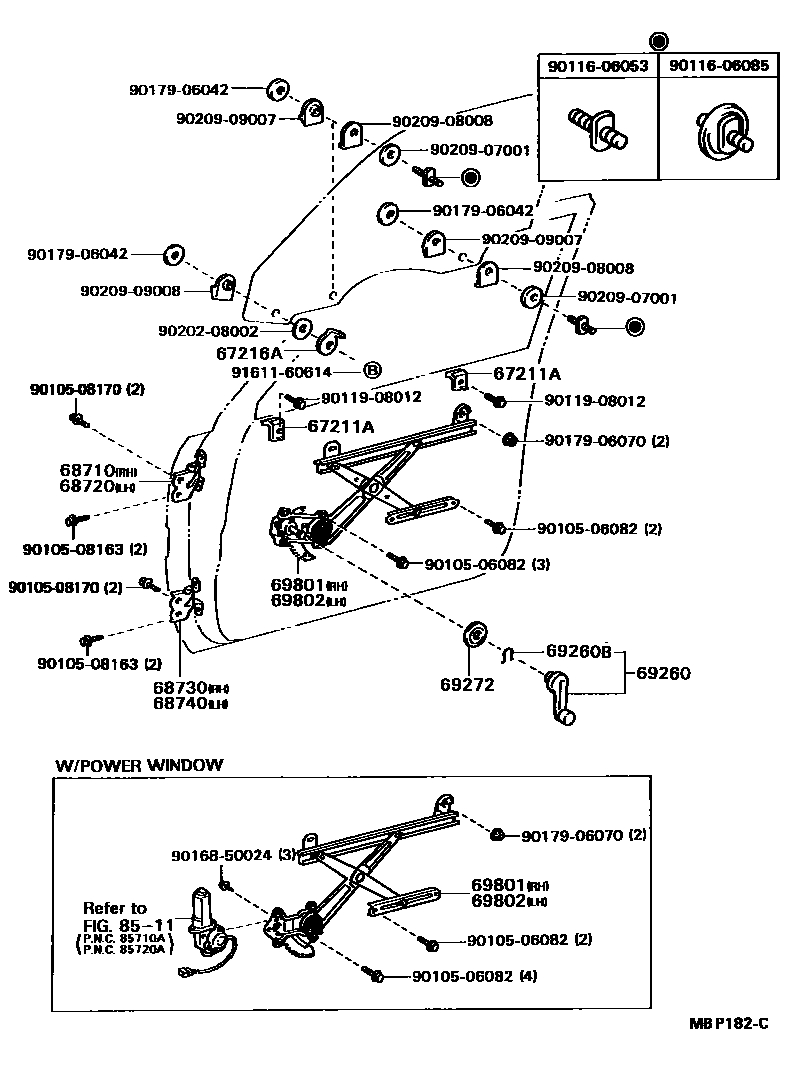 Toyota CAMRY 前门车窗升降器和合页 EPC diagram — MBP182C