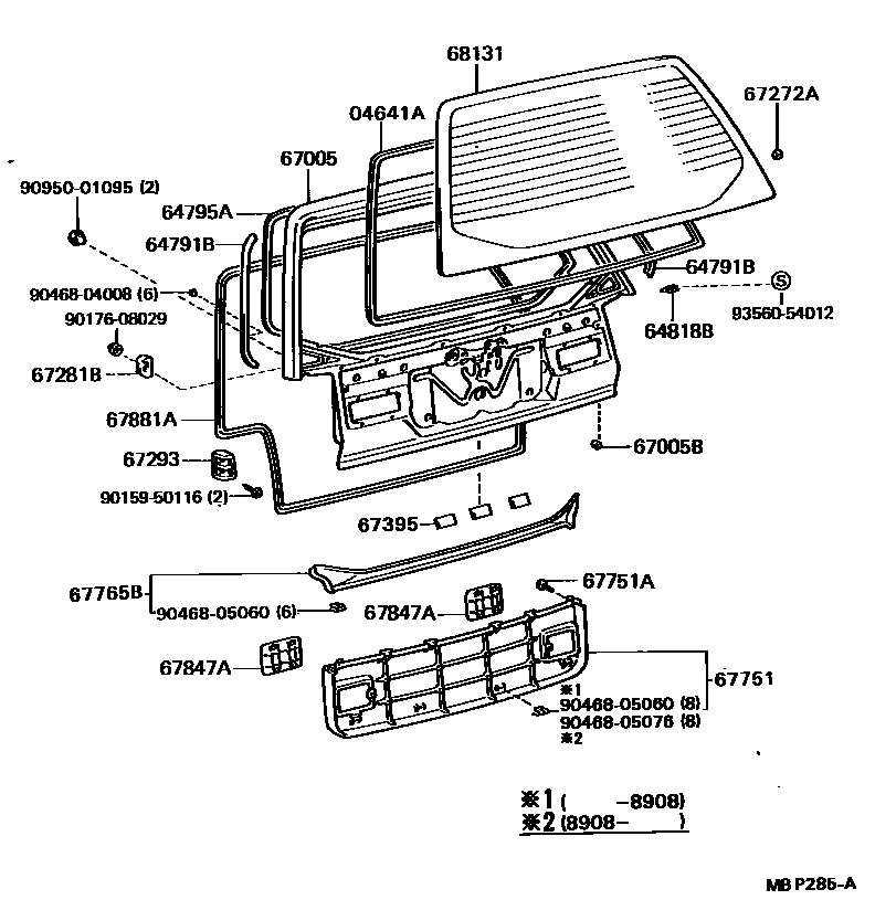 Toyota CAMRY 背门板和背门玻璃 EPC diagram — MBP285A