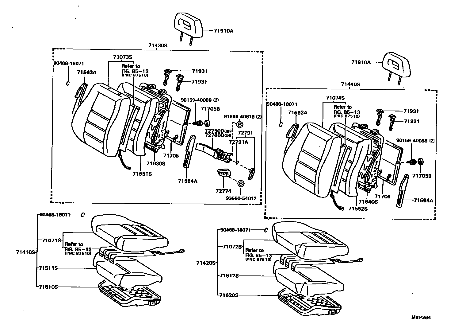 Toyota CAMRY 前排座椅和座椅滑轨 EPC diagram — MBP264