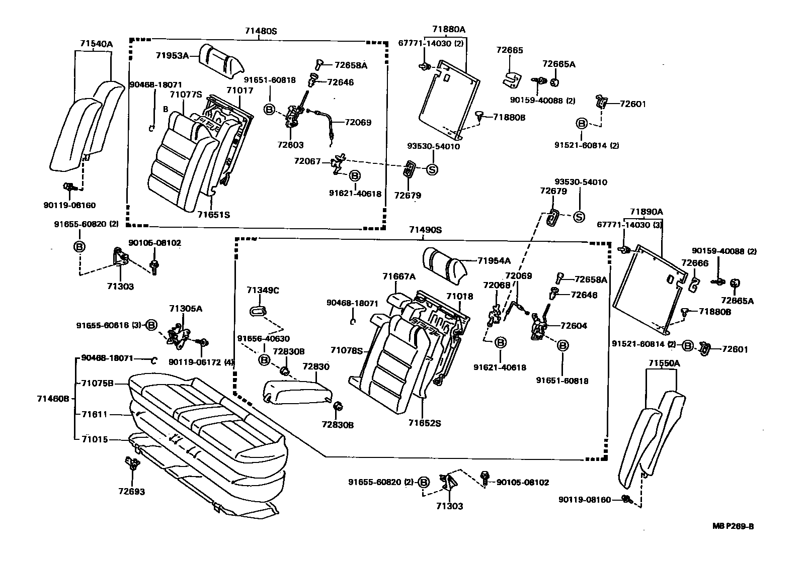 Toyota CAMRY 后排座椅和座椅滑轨 EPC diagram — MBP269B