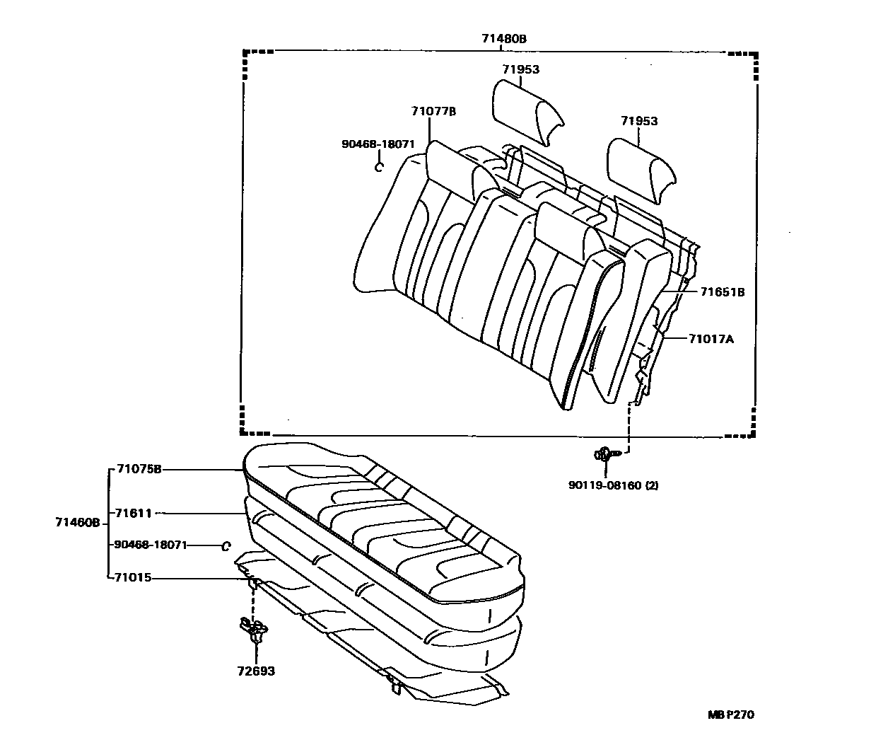 Toyota CAMRY 后排座椅和座椅滑轨 EPC diagram — MBP270