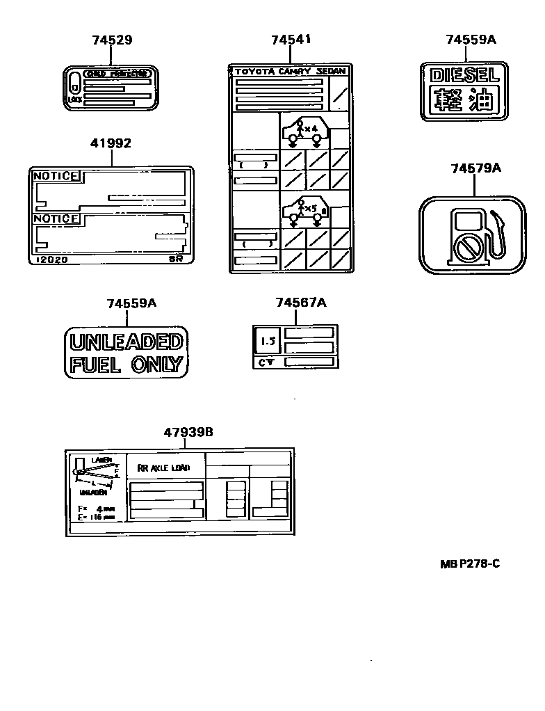 Toyota CAMRY 警示铭牌(车外和车内) EPC diagram — MBP278C