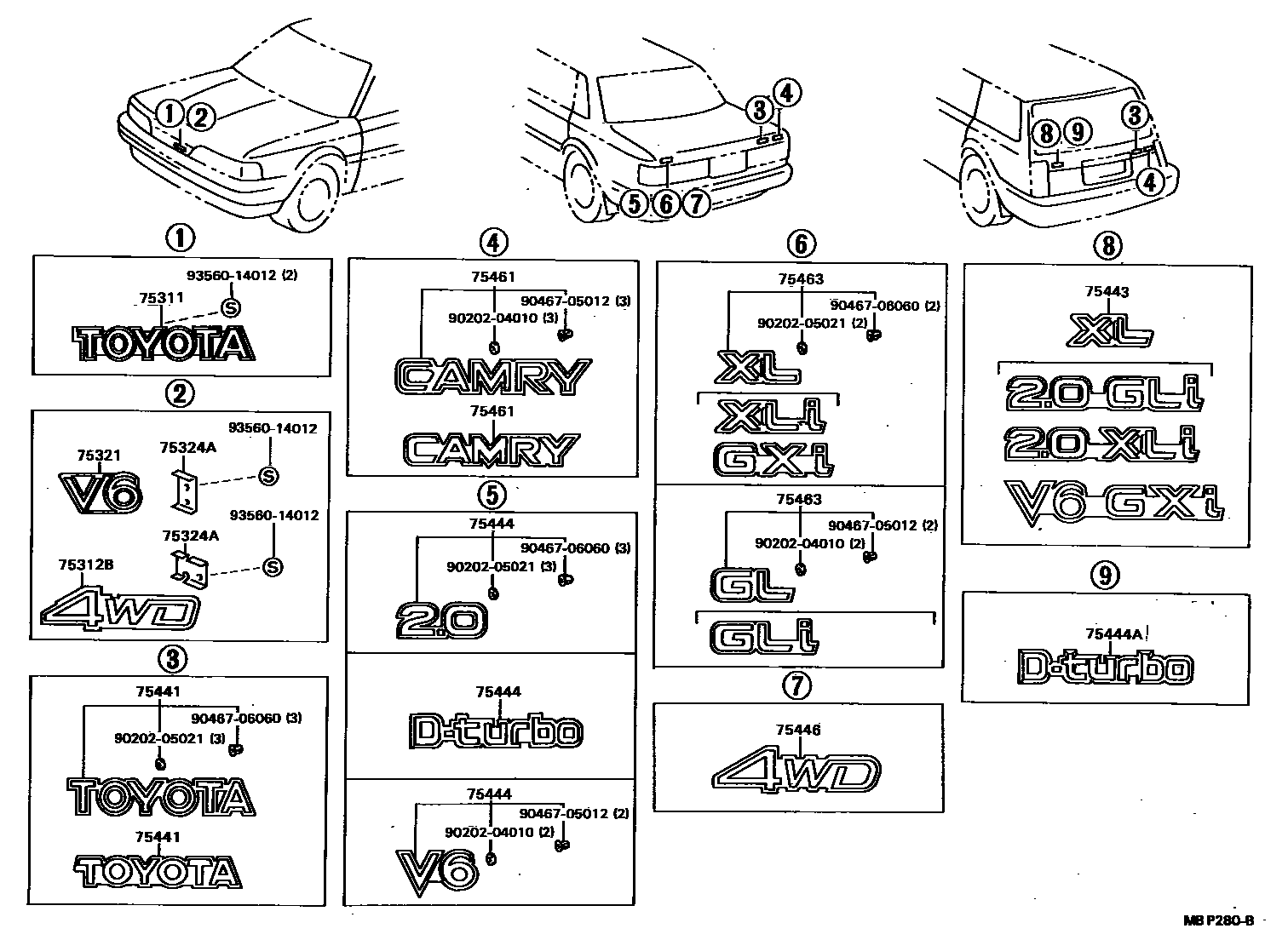 Toyota CAMRY 丰田徽标和铭牌(车外和车内) EPC diagram — MBP280B