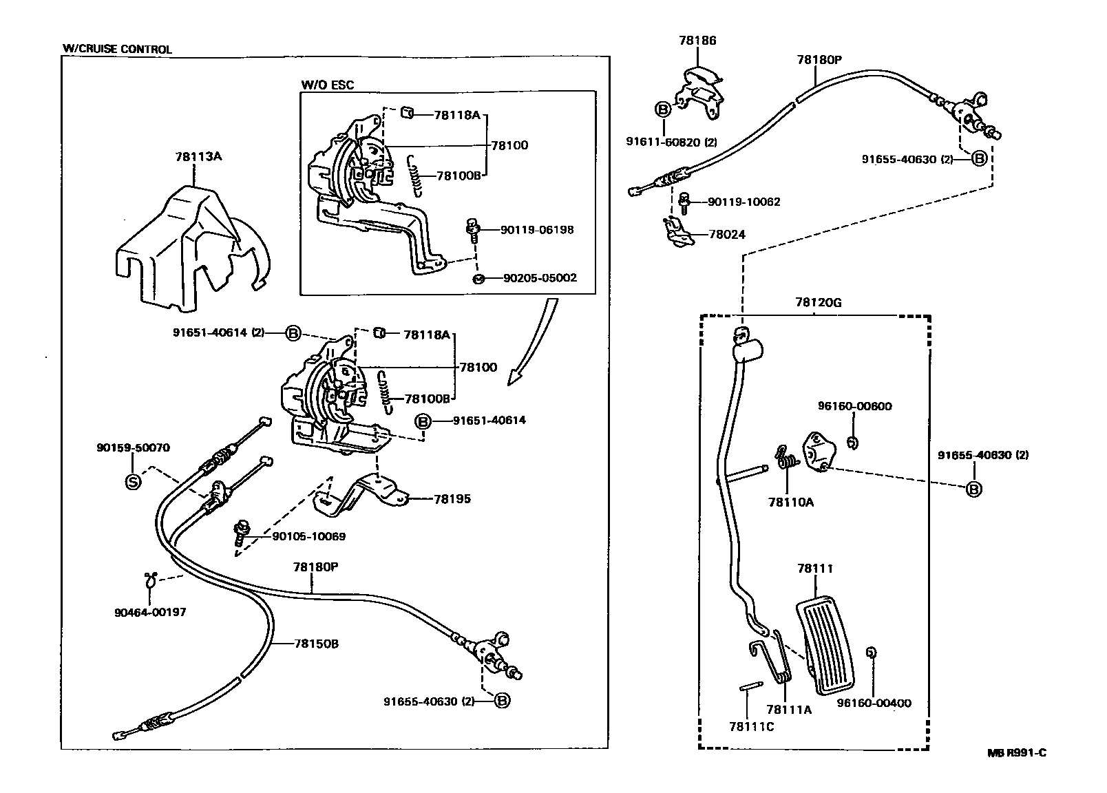 Toyota CAMRY accelerator pedal connecting rod EPC diagram — MBR991C