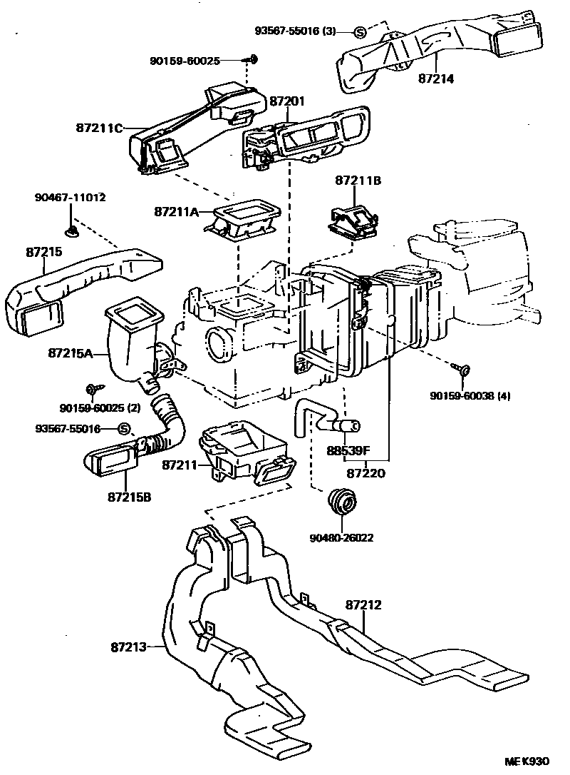Toyota CAMRY 暖风和空调系统 - 控制器和风管 EPC diagram — MEK930