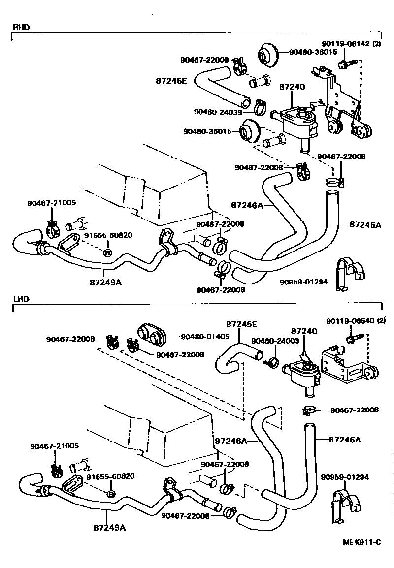 Toyota CAMRY 暖风和空调系统 - 水管 EPC diagram — MEK911C