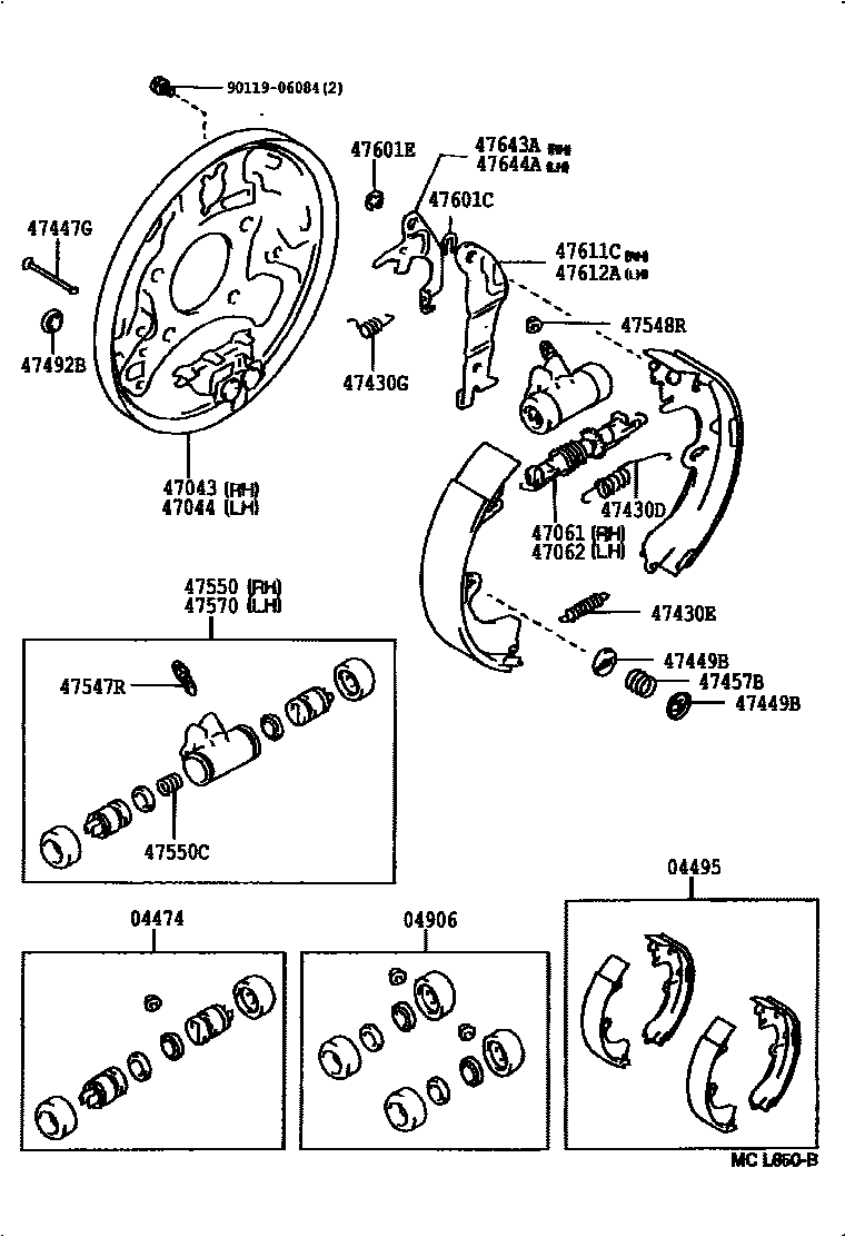 Toyota CAMRY 后鼓式制动器分泵和底板 EPC diagram — MCL850B