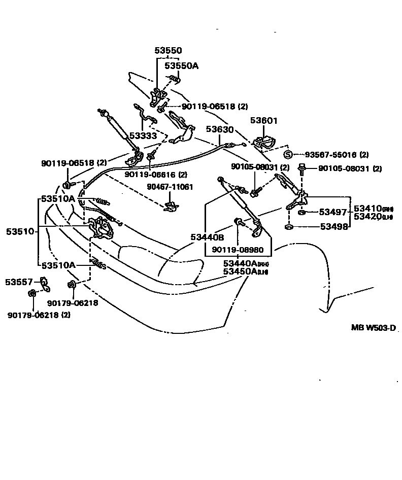Toyota CAMRY 发动机盖锁和铰链 EPC diagram — MBW503D