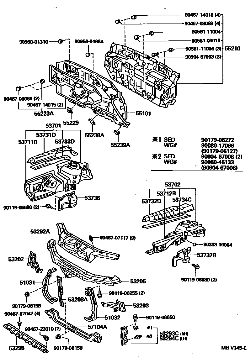 Toyota CAMRY 前翼子板挡泥板和前围板 EPC diagram — MBV345E