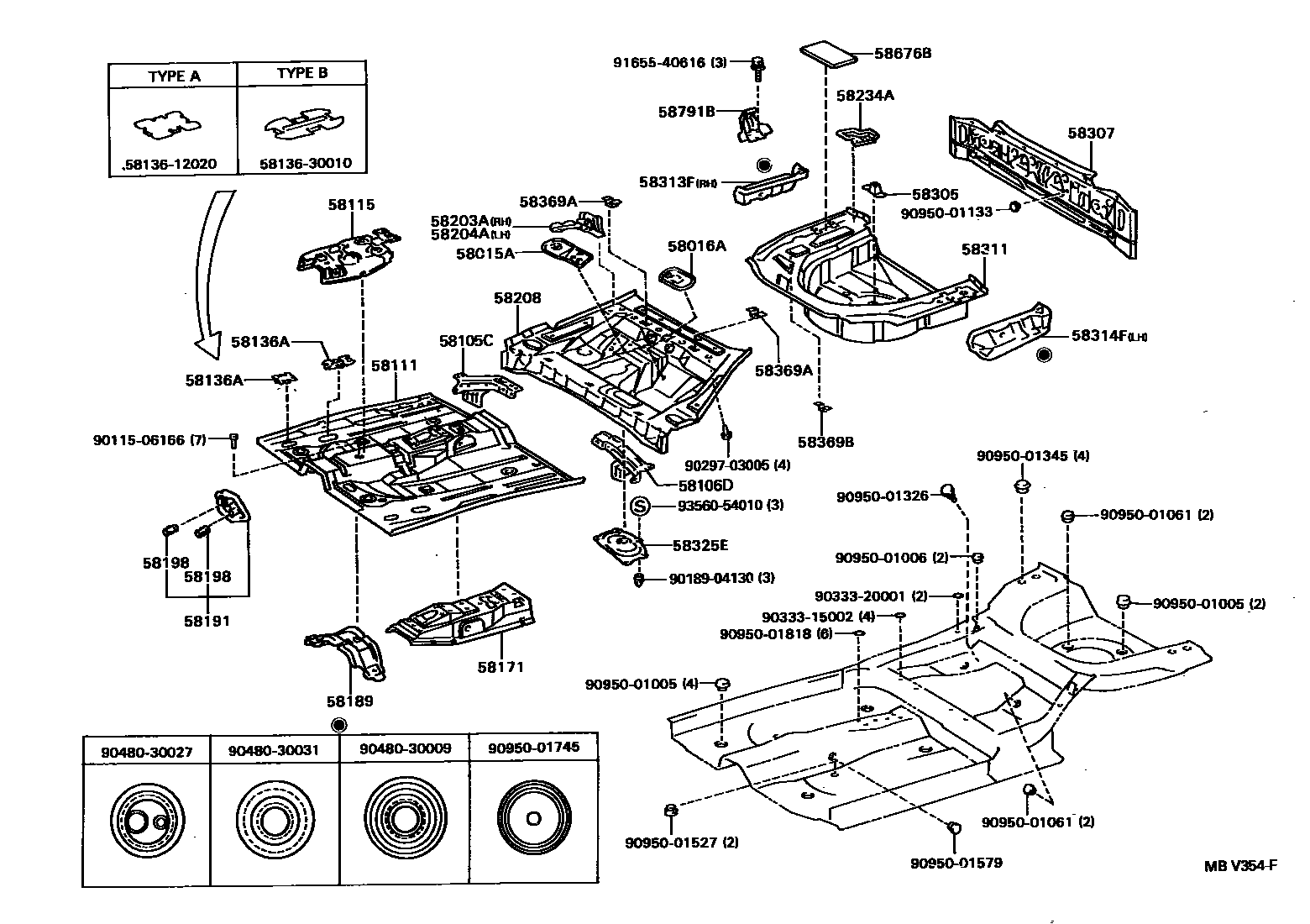 Toyota CAMRY 浅盘形地板和车身下背板 EPC diagram — MBV354F