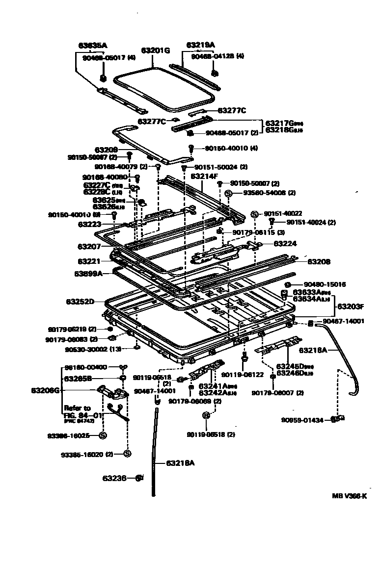 Toyota CAMRY 天窗板和背窗玻璃 EPC diagram — MBV366K