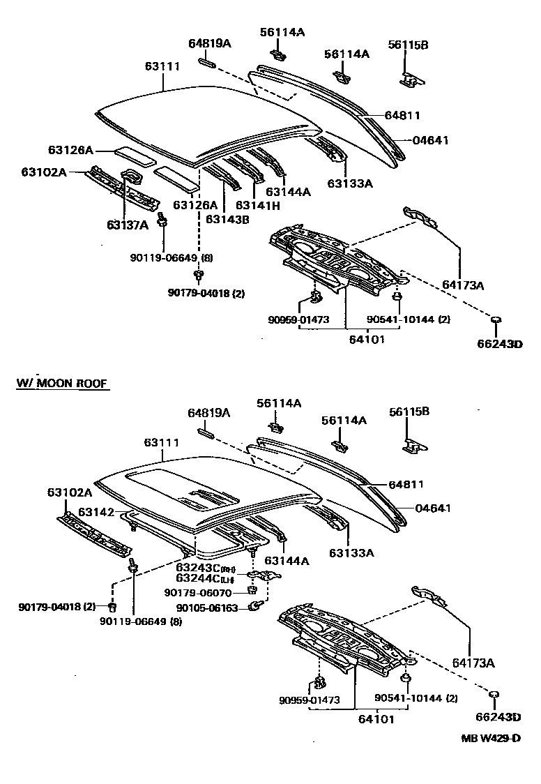 Toyota CAMRY 天窗板和背窗玻璃 EPC diagram — MBW429D