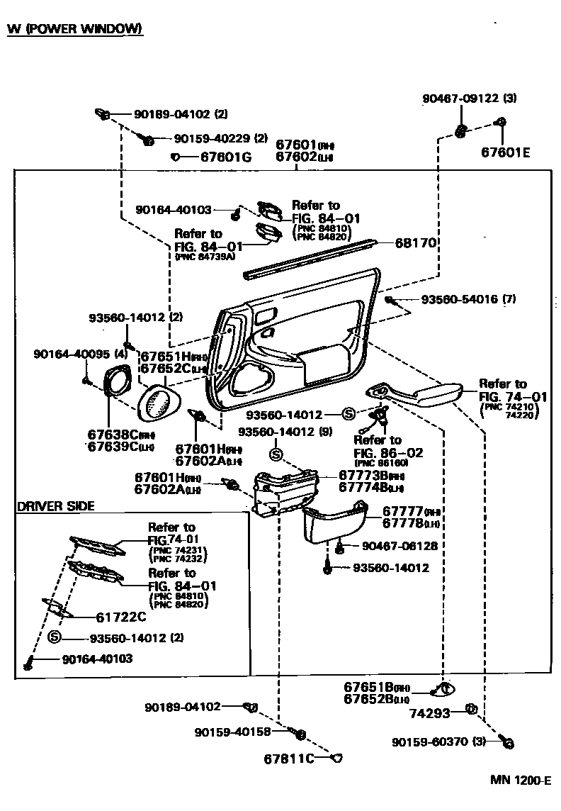 Toyota CAMRY 前门板和前门玻璃 EPC diagram — MN1200E