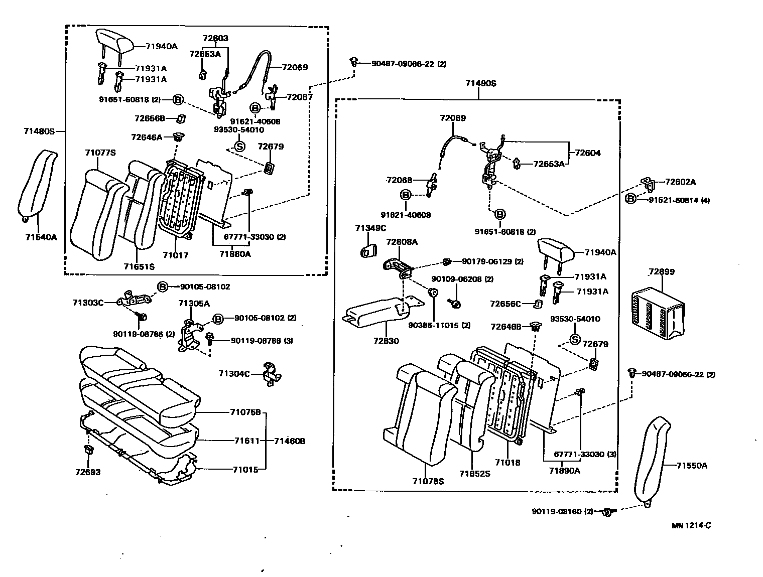 Toyota CAMRY 后排座椅和座椅滑轨 EPC diagram — MN1214C