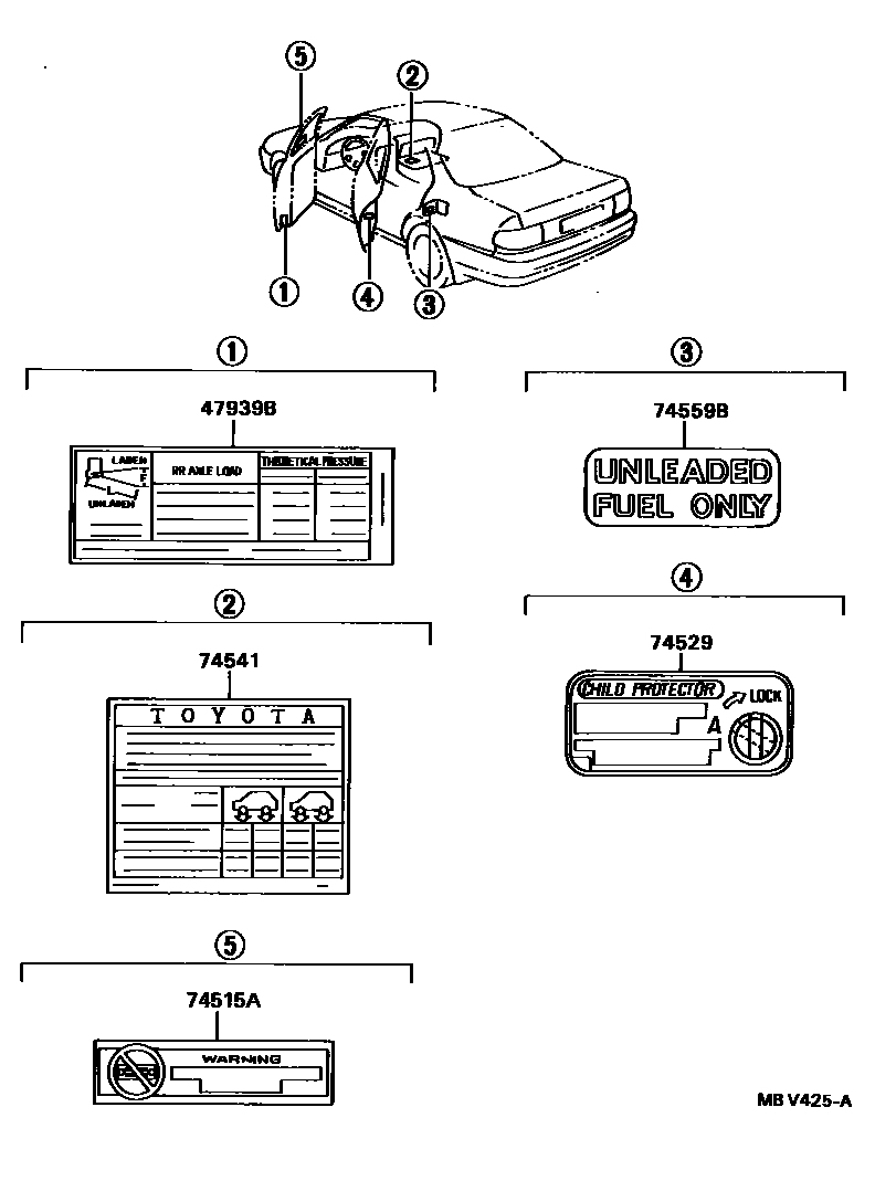 Toyota CAMRY 警示铭牌(车外和车内) EPC diagram — MBV425A