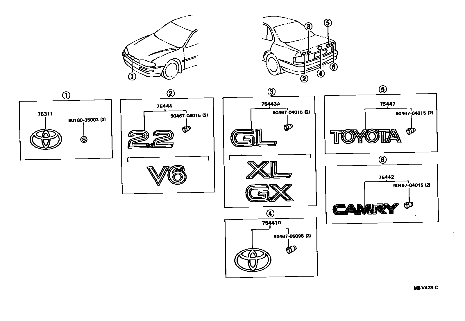 Toyota CAMRY 丰田徽标和铭牌(车外和车内) EPC diagram — MBV428C