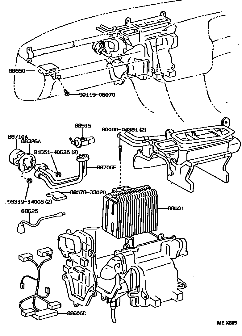 Toyota CAMRY 暖风和空调系统 - 冷却器组件 EPC diagram — MEX885