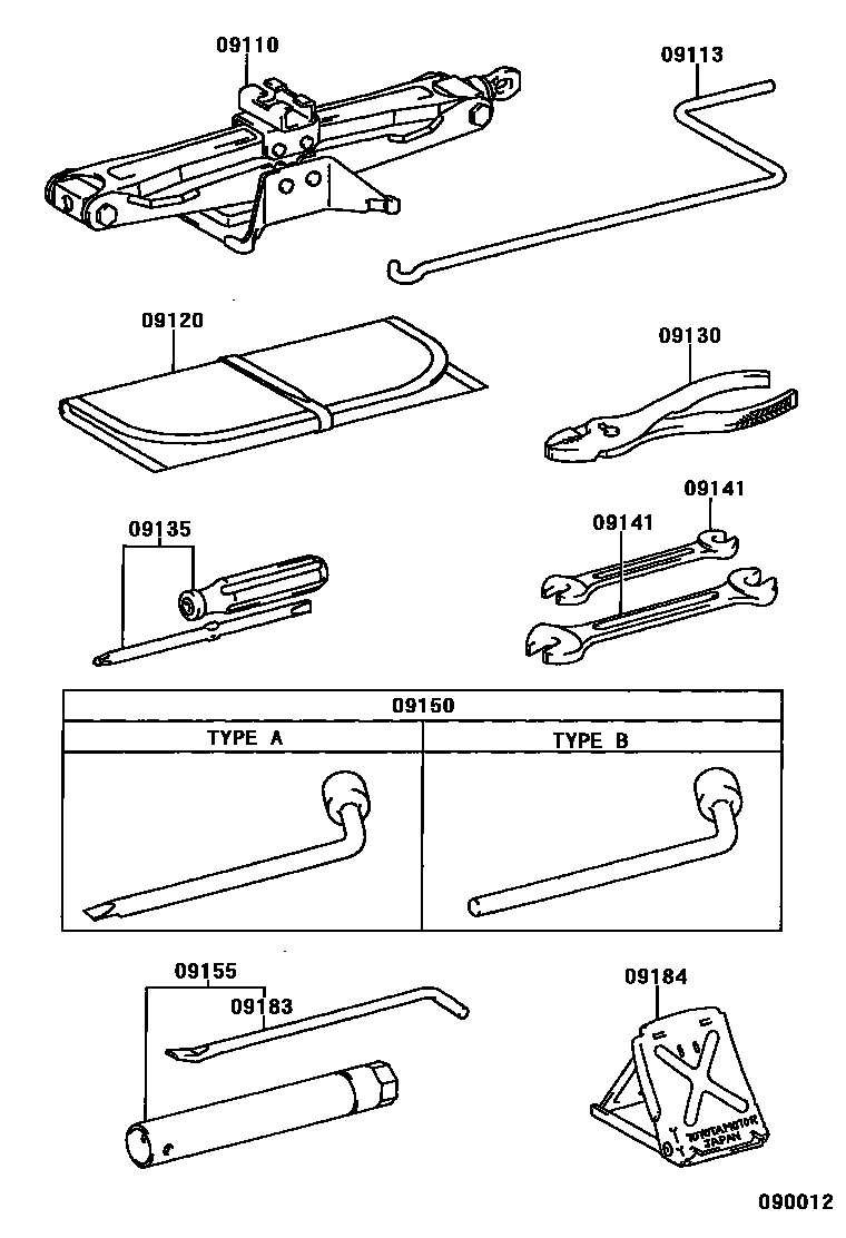 Toyota CAMRY Standard Tools EPC diagram — 090012