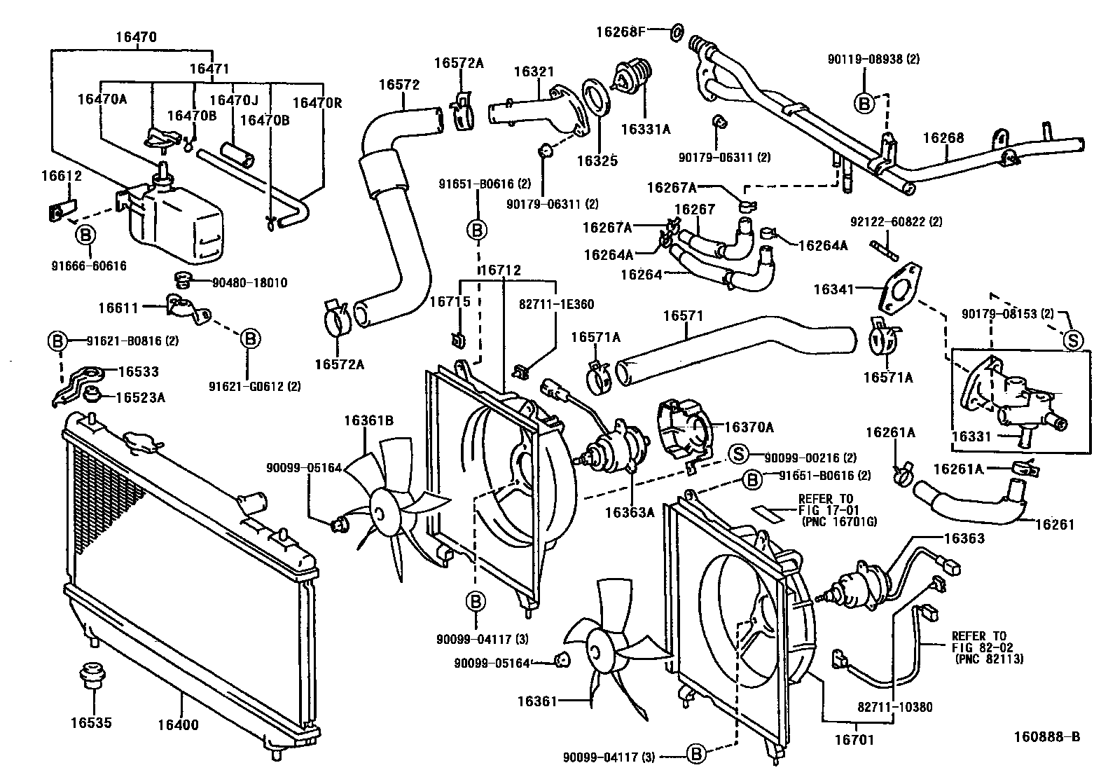 Toyota CAMRY RADIATOR & WATER OUTLET EPC diagram — 160888B