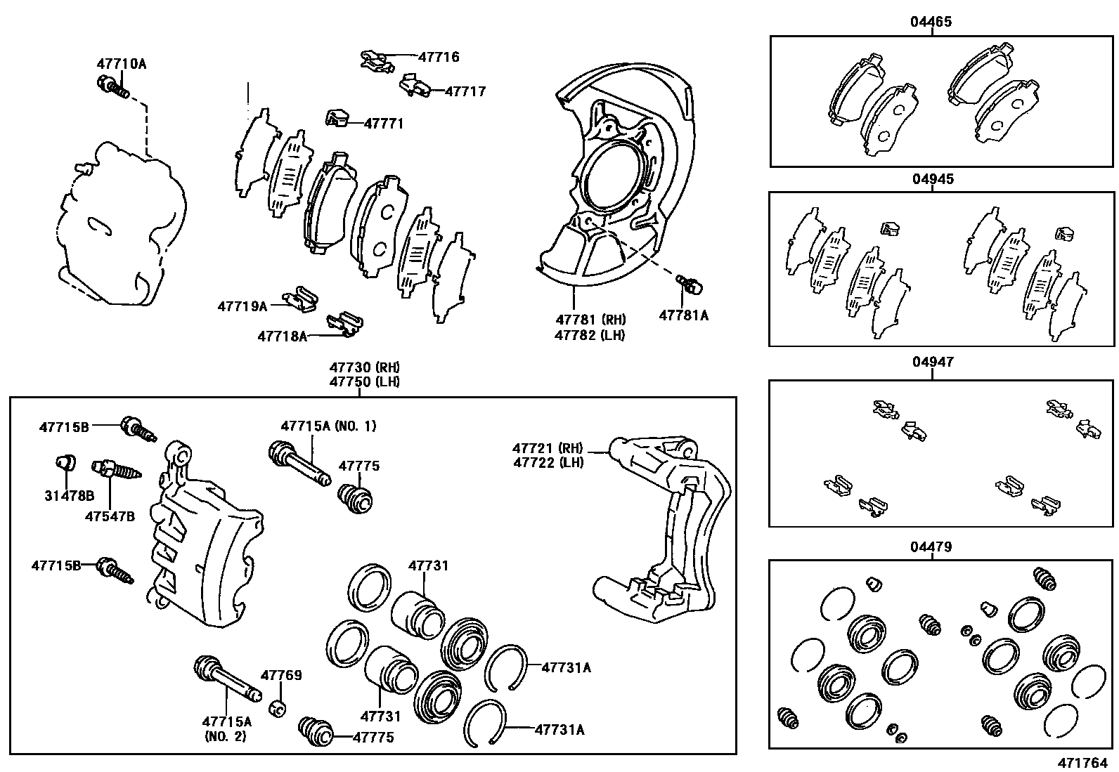 Toyota CAMRY 前盘式制动器卡钳和防尘罩 EPC diagram — 471764
