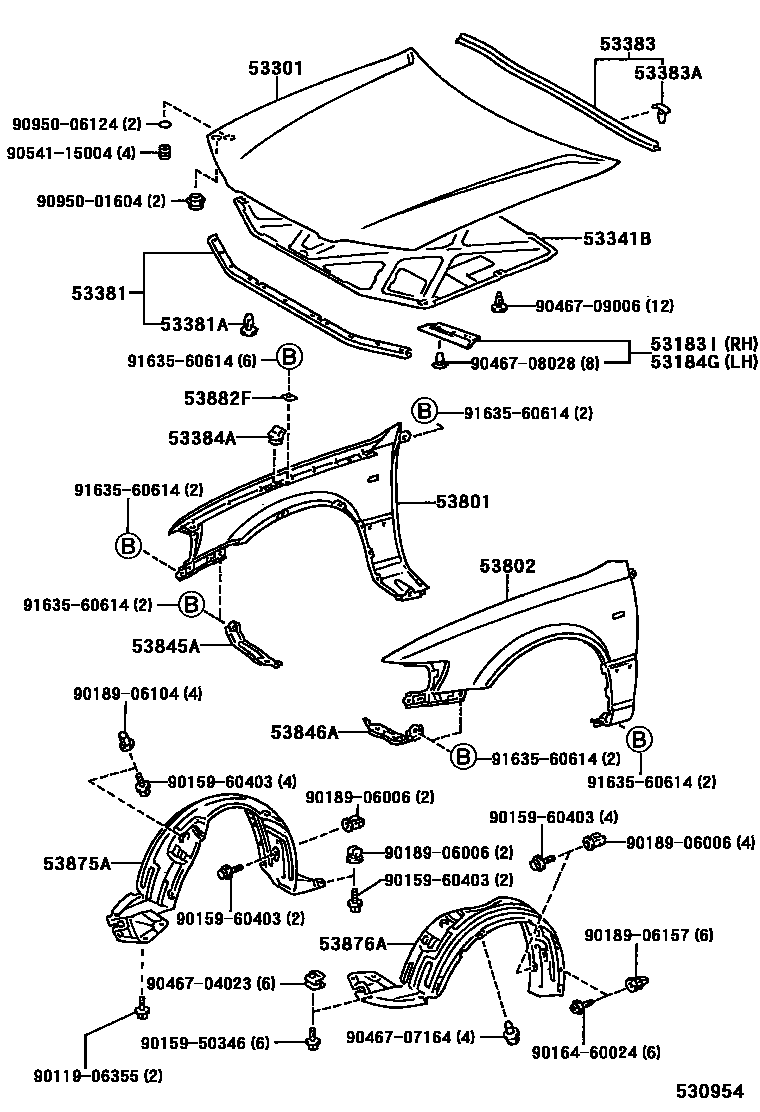 Toyota CAMRY 发动机盖和前翼子板 EPC diagram — 530954