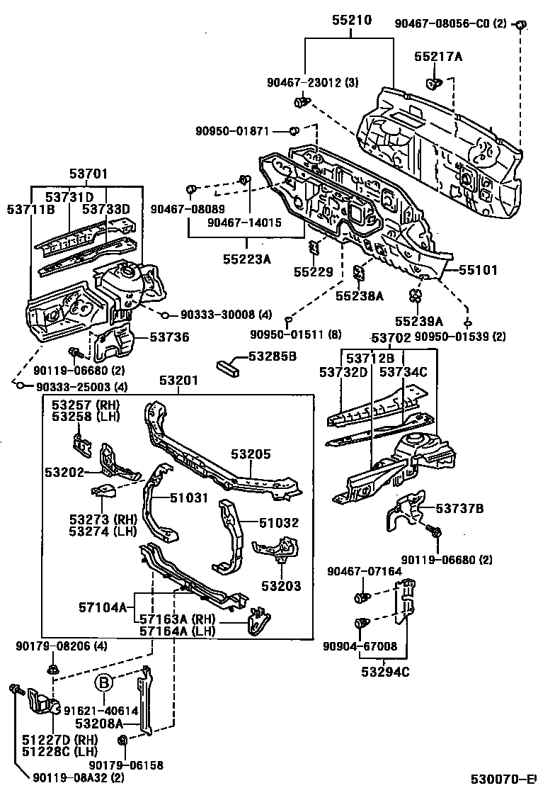 Toyota CAMRY 前翼子板挡泥板和前围板 EPC diagram — 530070E