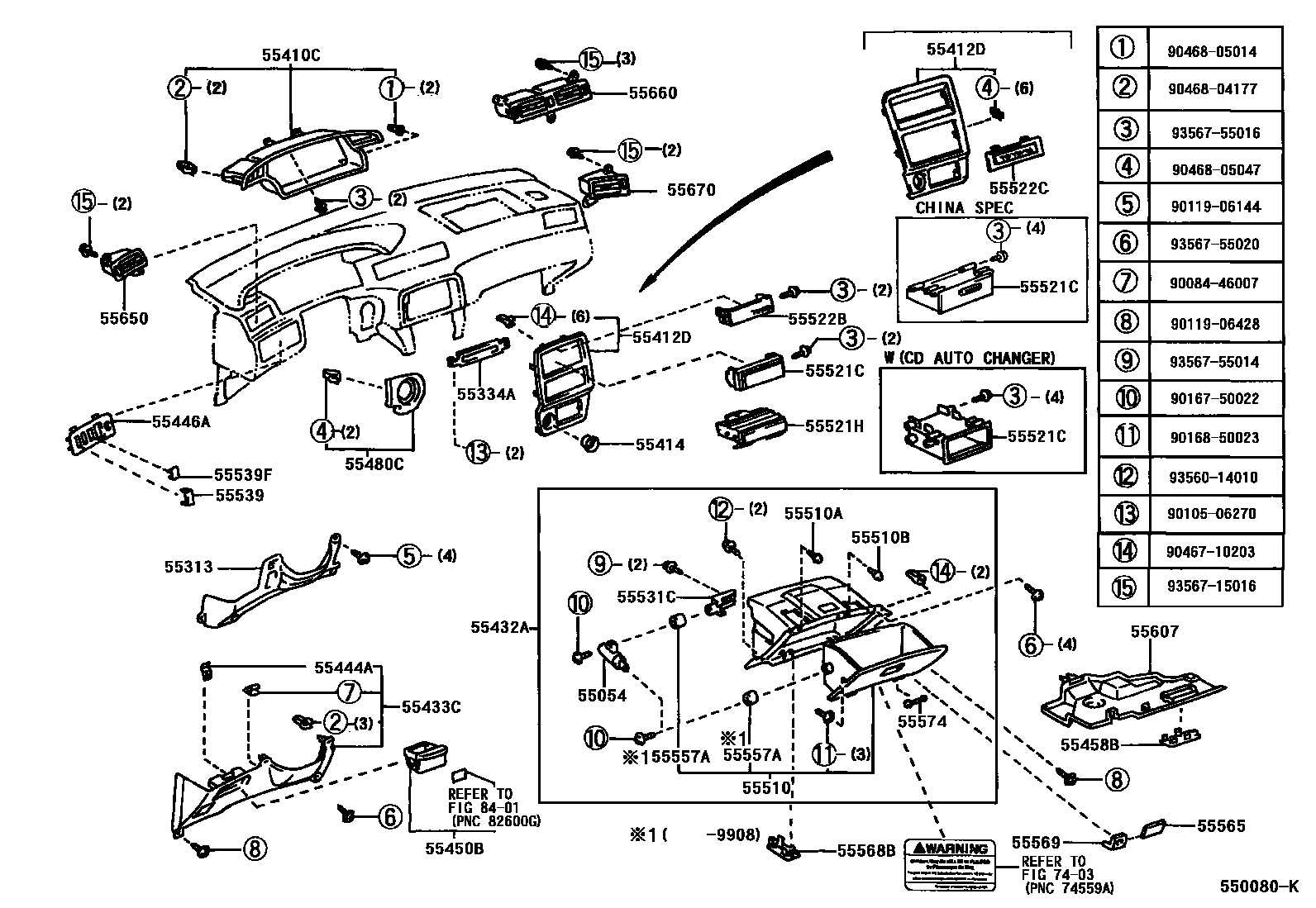 Toyota CAMRY 仪表板和手套箱 EPC diagram — 550080K