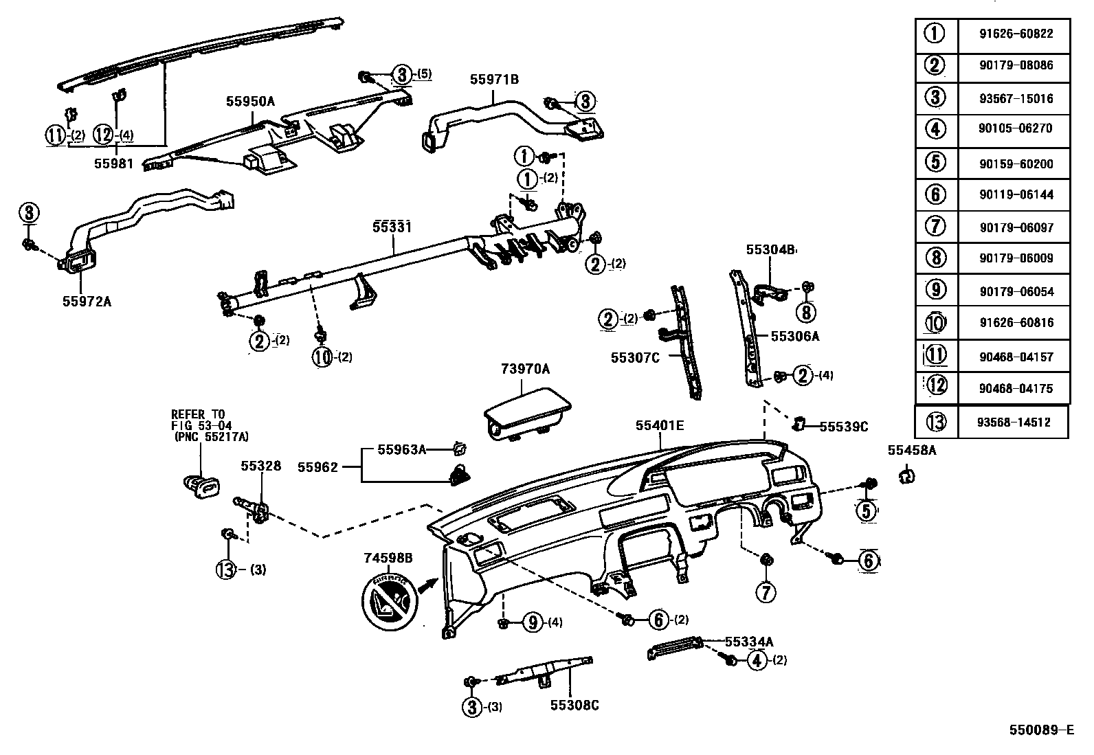 Toyota CAMRY 仪表板和手套箱 EPC diagram — 550089E