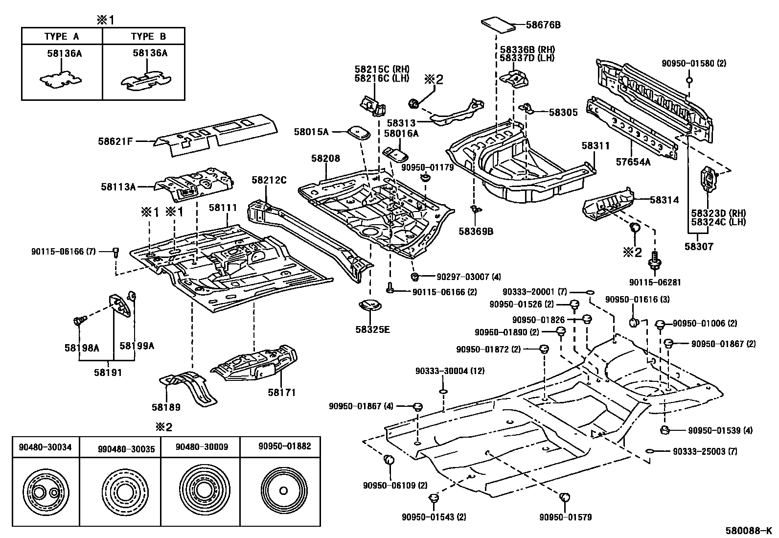 Toyota CAMRY 浅盘形地板和车身下背板 EPC diagram — 580088K