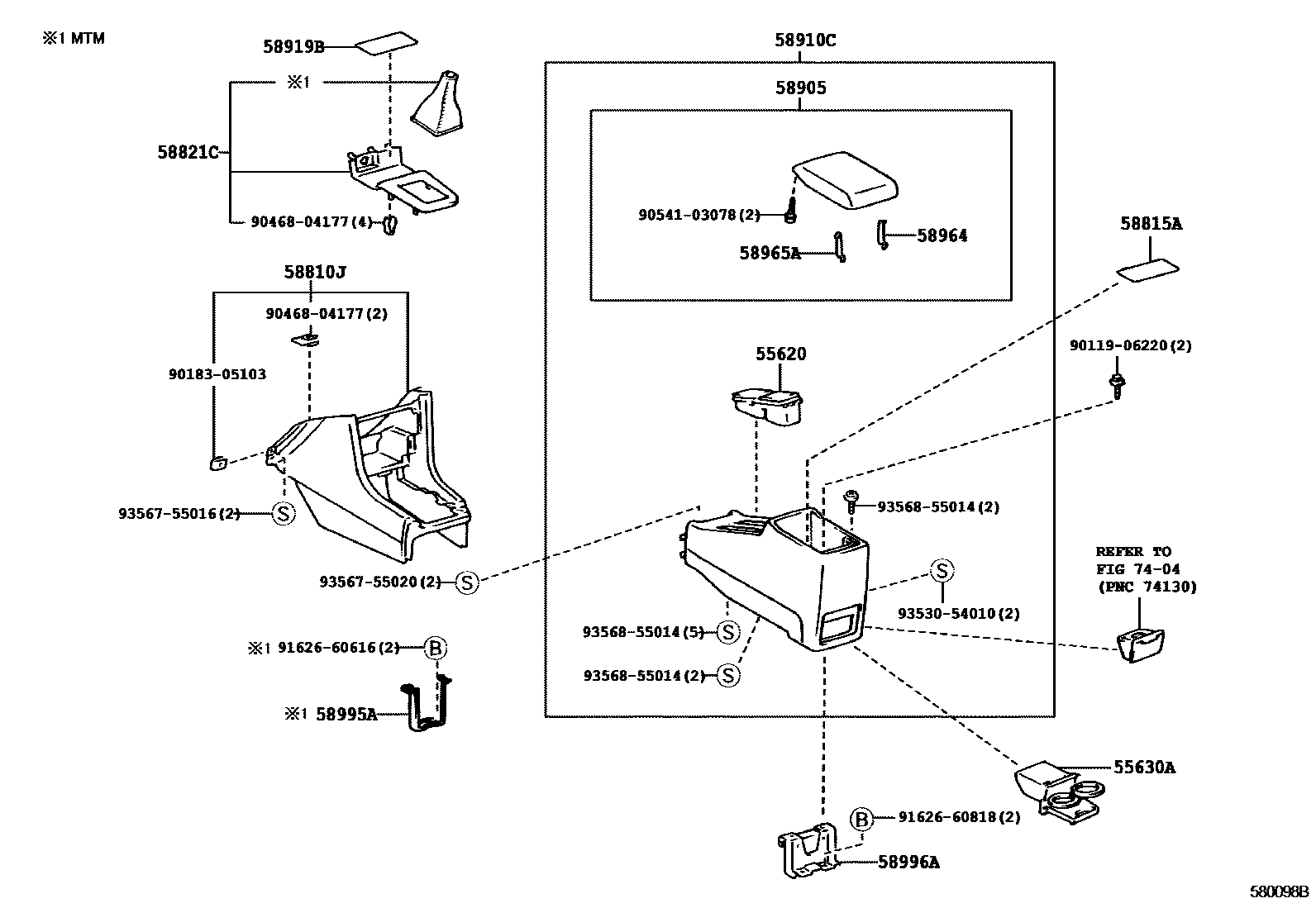 Toyota CAMRY 中央扶手箱和支架 EPC diagram — 580098B