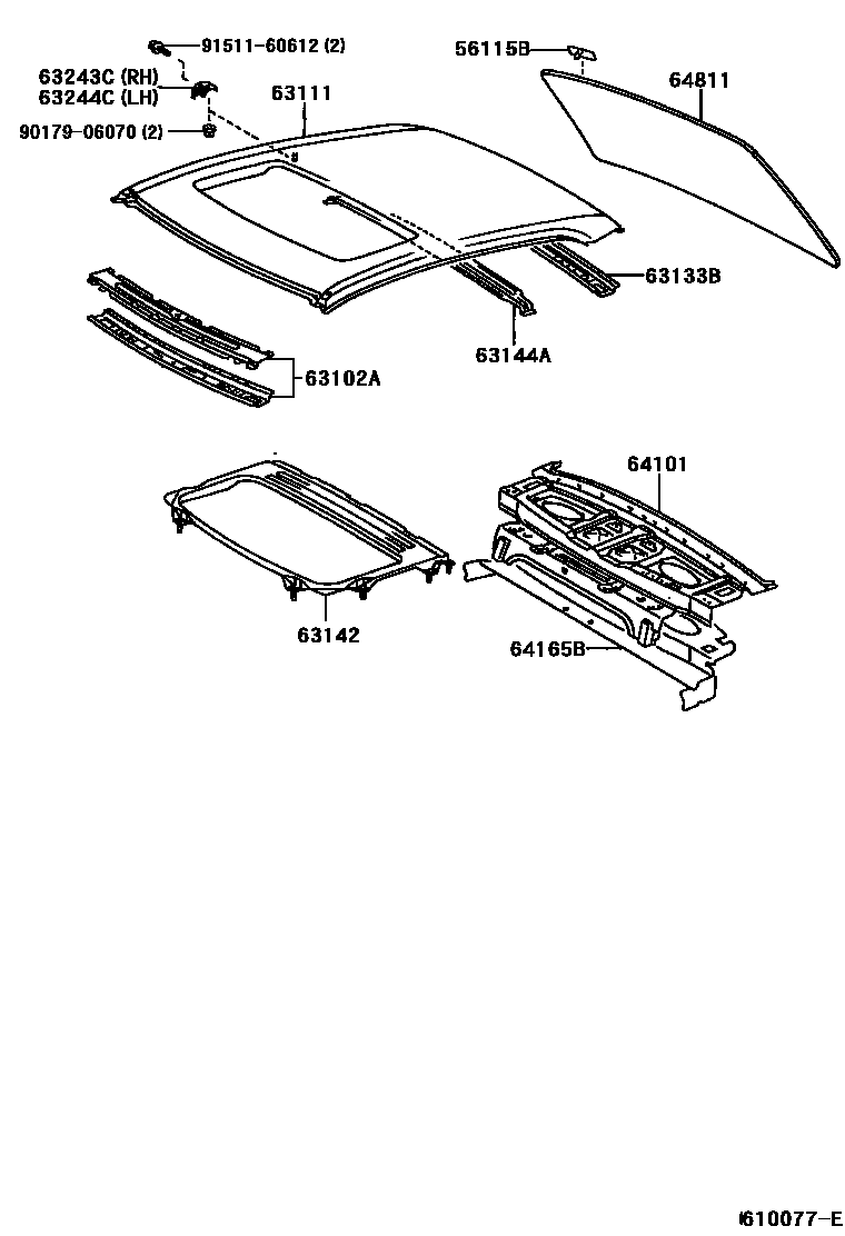 Toyota CAMRY 天窗板和背窗玻璃 EPC diagram — 610077E