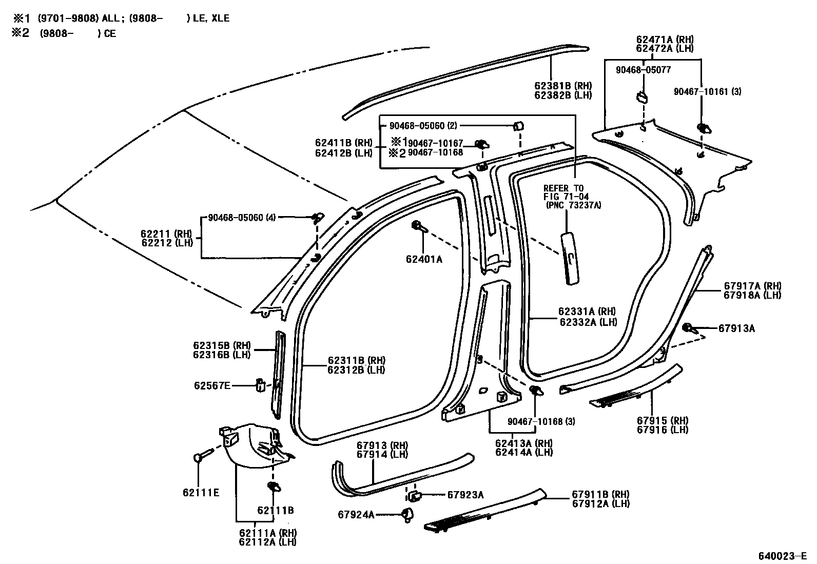 Toyota CAMRY 内饰板和车门防水胶条 EPC diagram — 640023E