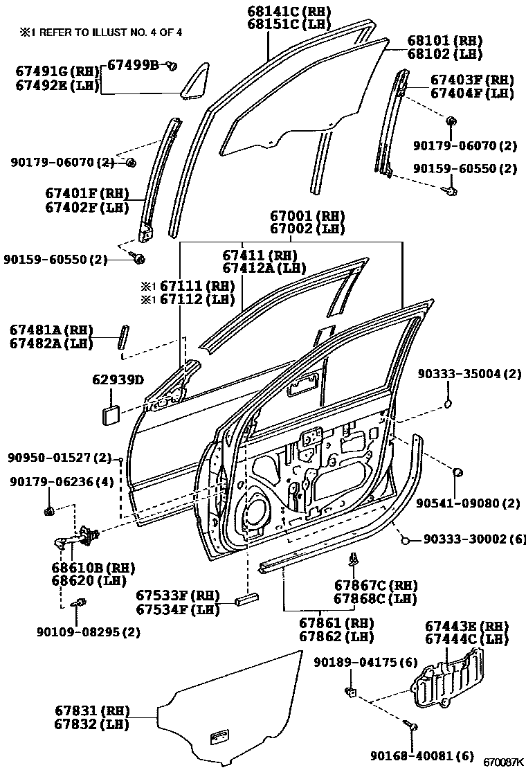 Toyota CAMRY 前门板和前门玻璃 EPC diagram — 670087K