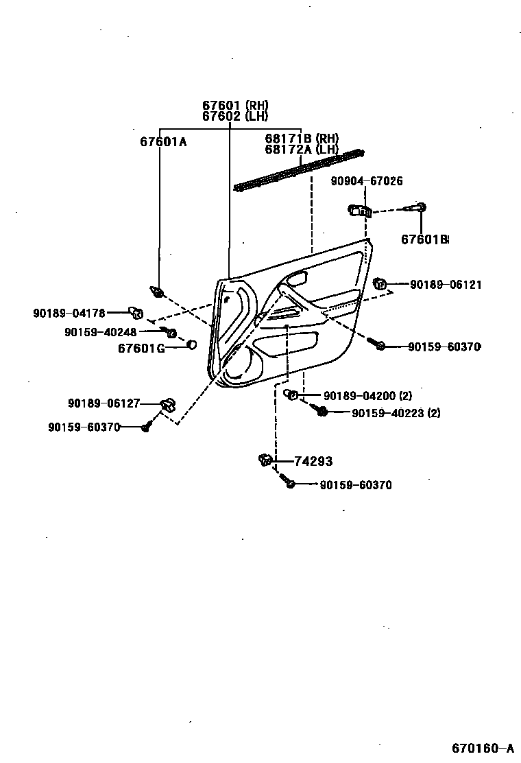 Toyota CAMRY 前门板和前门玻璃 EPC diagram — 670160A
