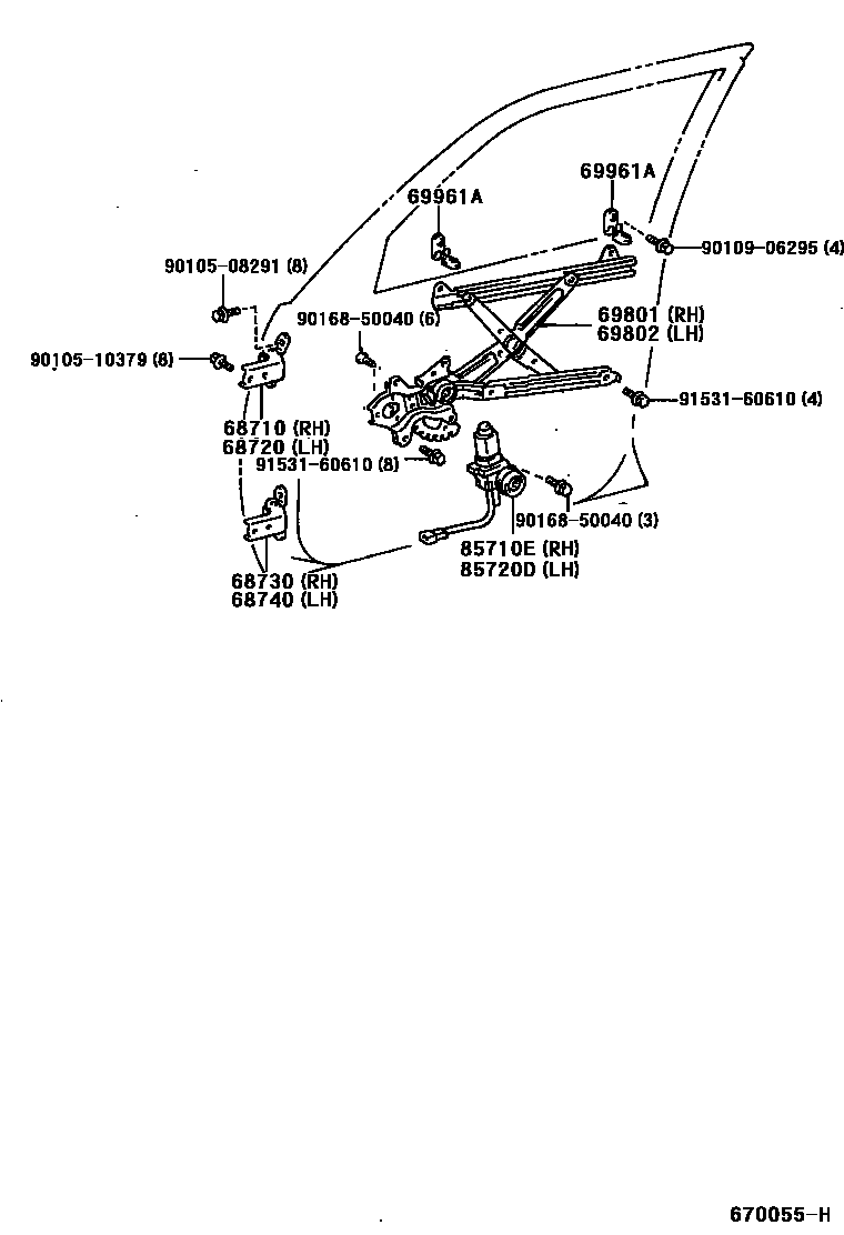 Toyota CAMRY 前门车窗升降器和合页 EPC diagram — 670055H