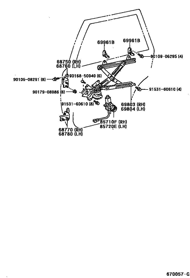 Toyota CAMRY 后门车窗升降器和合页 EPC diagram — 670057G