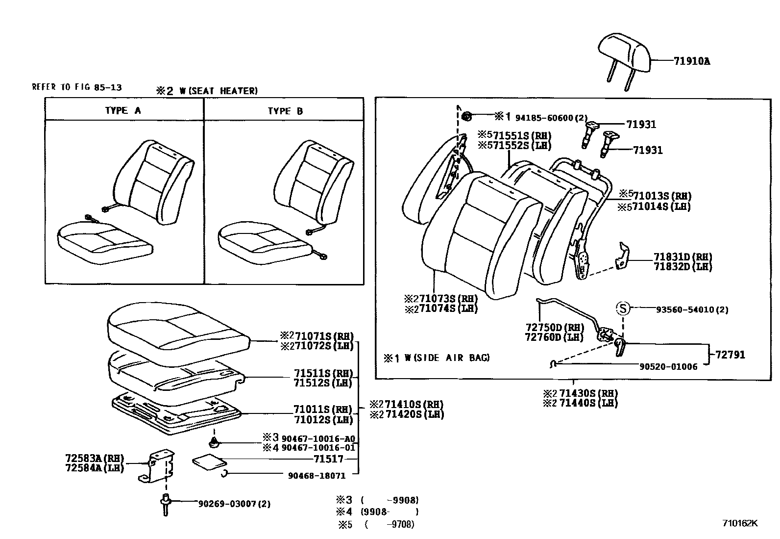 Toyota CAMRY 前排座椅和座椅滑轨 EPC diagram — 710162K