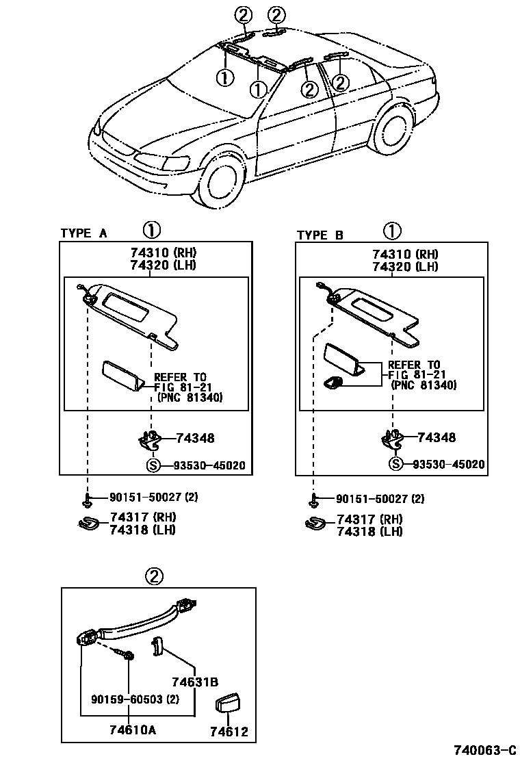 Toyota CAMRY 扶手和遮阳板 EPC diagram — 740063C
