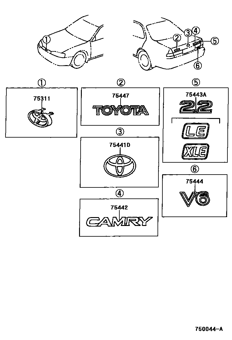 Toyota CAMRY 丰田徽标和铭牌(车外和车内) EPC diagram — 750044A