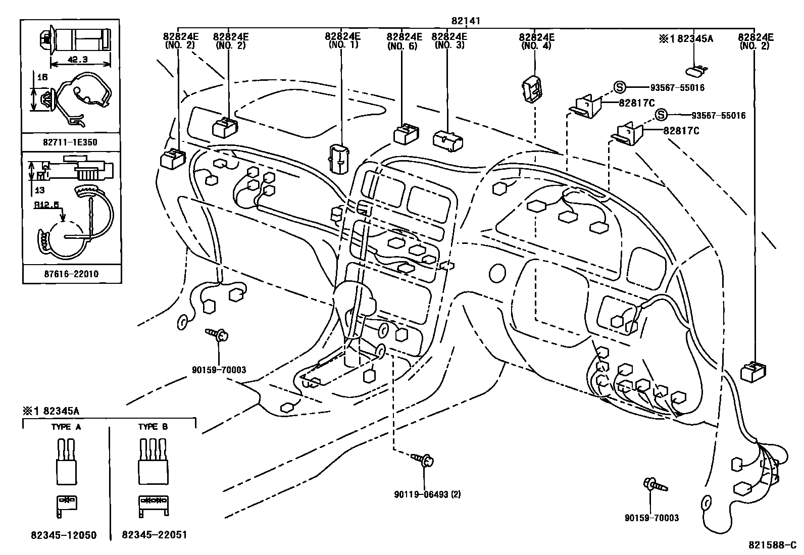Toyota CAMRY 线束和卡夹 EPC diagram — 821588C