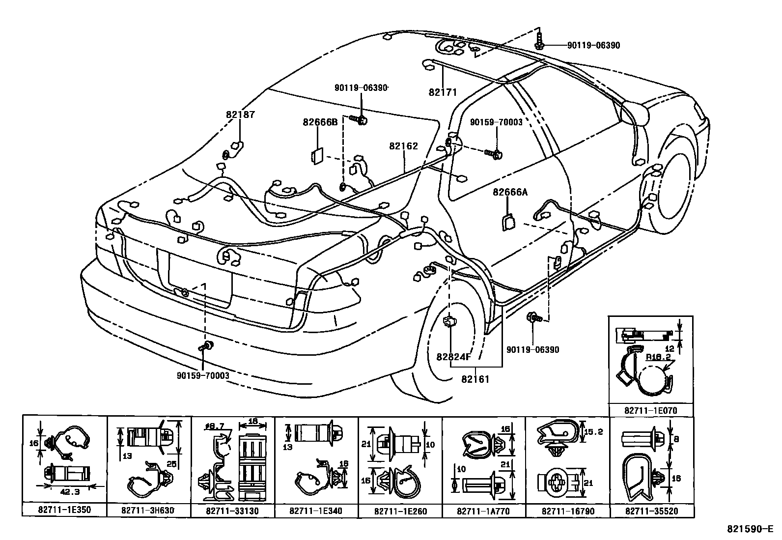 Toyota CAMRY 线束和卡夹 EPC diagram — 821590E