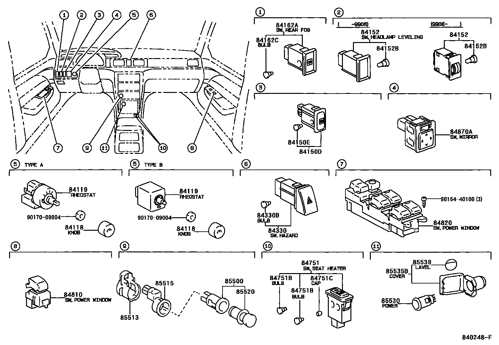 Toyota CAMRY 开关和继电器和ECU EPC diagram — 840248F